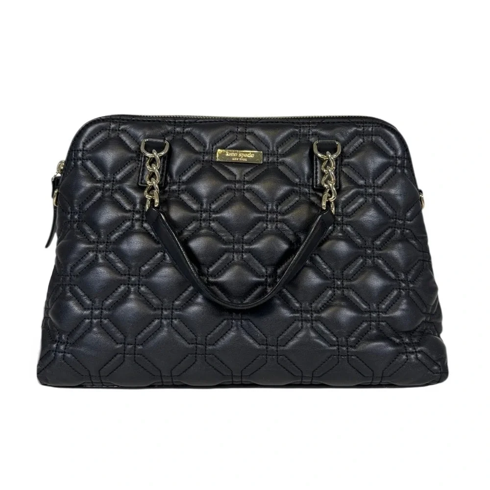 Kate‎ Spade Women's Black Quilted Leather Dome Satchel Handbag Gold Chain Detail